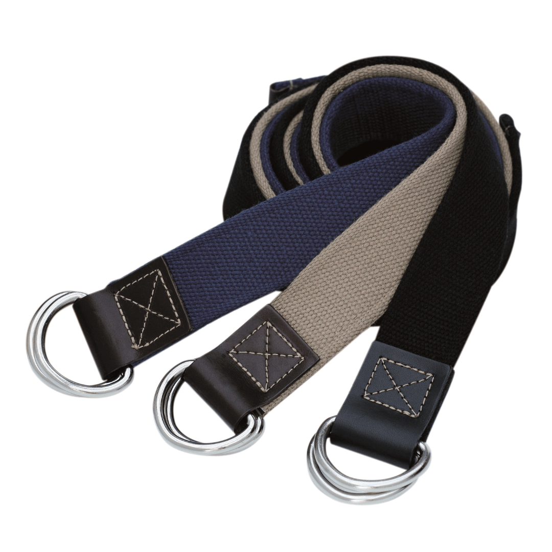 This Australian made webbing belt is made with cotton Belgian webbing material and features a leather trim at each end.  The belt comes in a standard width of 35mm with Nickel D rings, providing a versatile and timeless look that can be paired with any outfit.   Perfect as a gift or for treating yourself, this belt is an investment in both style and quality.  Photo shows Navy and tan coloured belts with chocolate leather trim plus black belt with black leather trim.