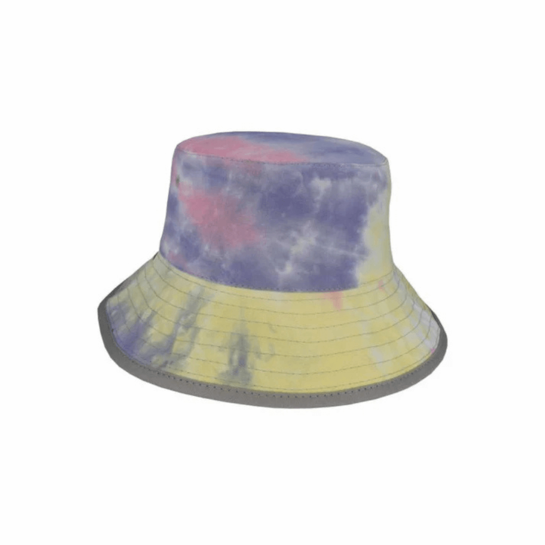 Brodie Reversible Tie Dye Cotton Bucket Hat for kids with wide brim and UPF 50+, available at Stewart’s Menswear Mullumbimby. Tie dye pattern on one side, plain grey on the other side.
