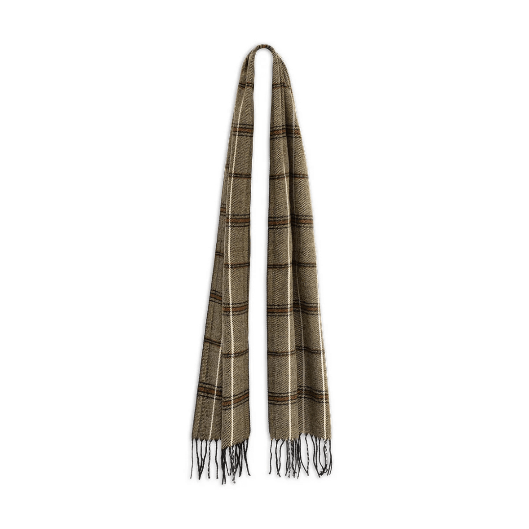 Stewarts Menswear, Mullumbimby. Avenel hats basic check brushed acrylic scarf. Colour is Beige/Brown check.