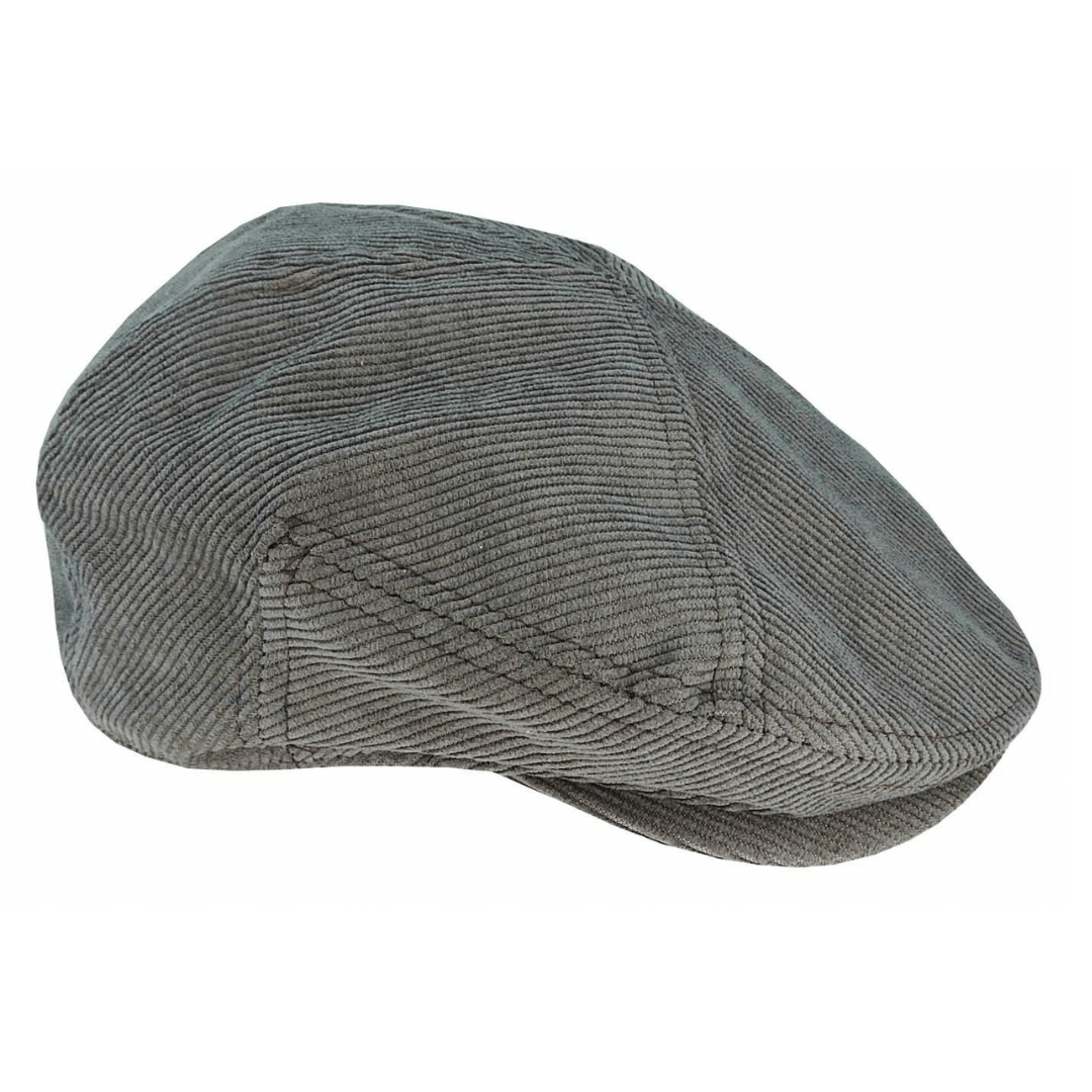 Stewart's Menswear Avenel Hats Corduroy 5 picece cheesecutter cap. This 5 piece corduroy cheesecutter cap is a timeless fashionable accessory.  Made from  corduroy fabric, the cap features a classic cheesecutter design, with a round flat crown and a short stiff brim. Colour is grey.