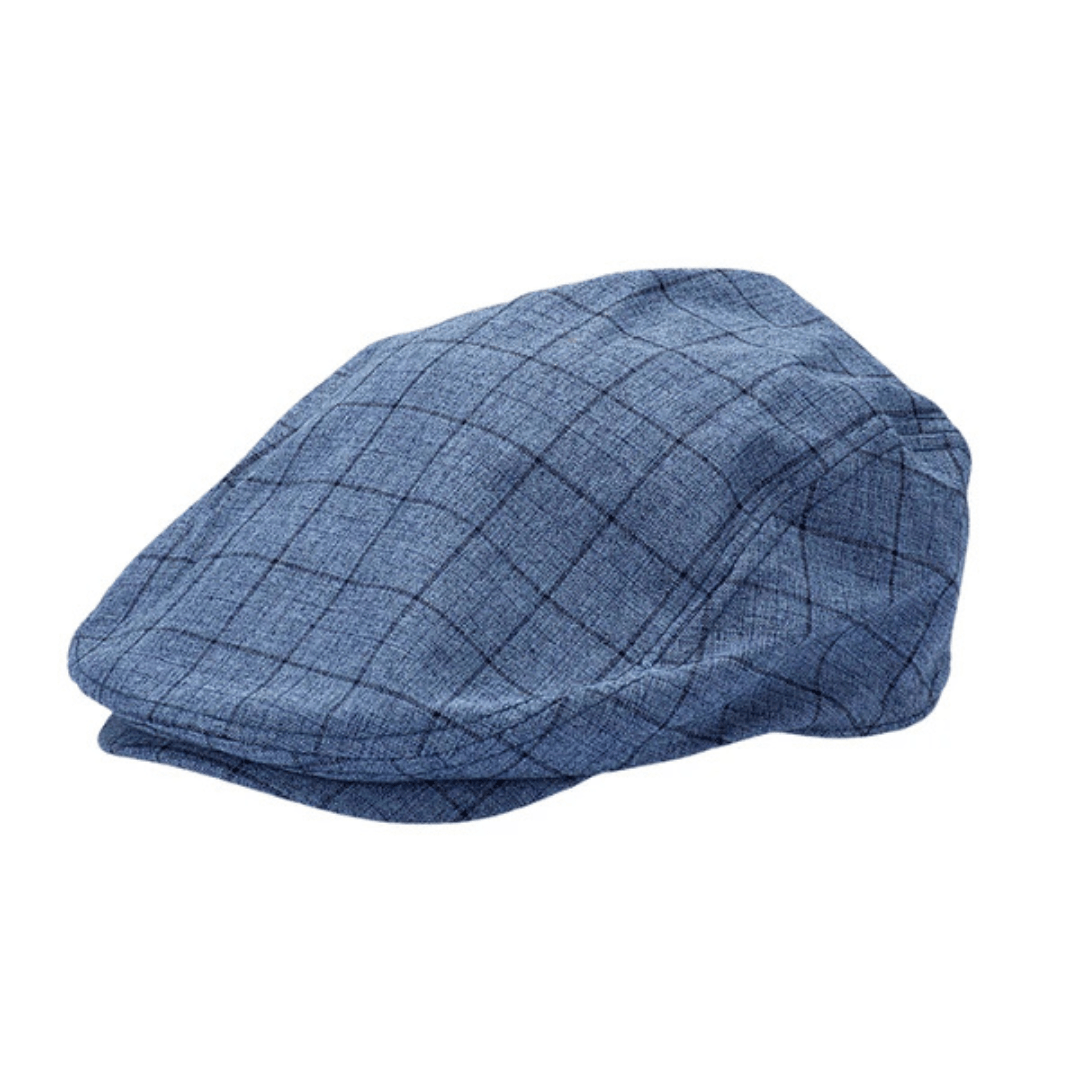 Stewart's Menswear Avenel Hats cotton ivy cap with duck print lining. Colour is light blue with navy check pattern.