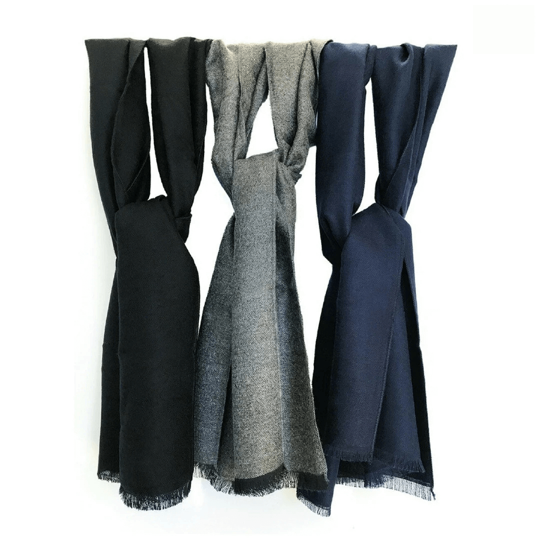 Stewarts Menswear Bamboo Textiles Men's Bamboo Scarf. Photo shows men's scarf in three colours, black, pewter and blueberry.