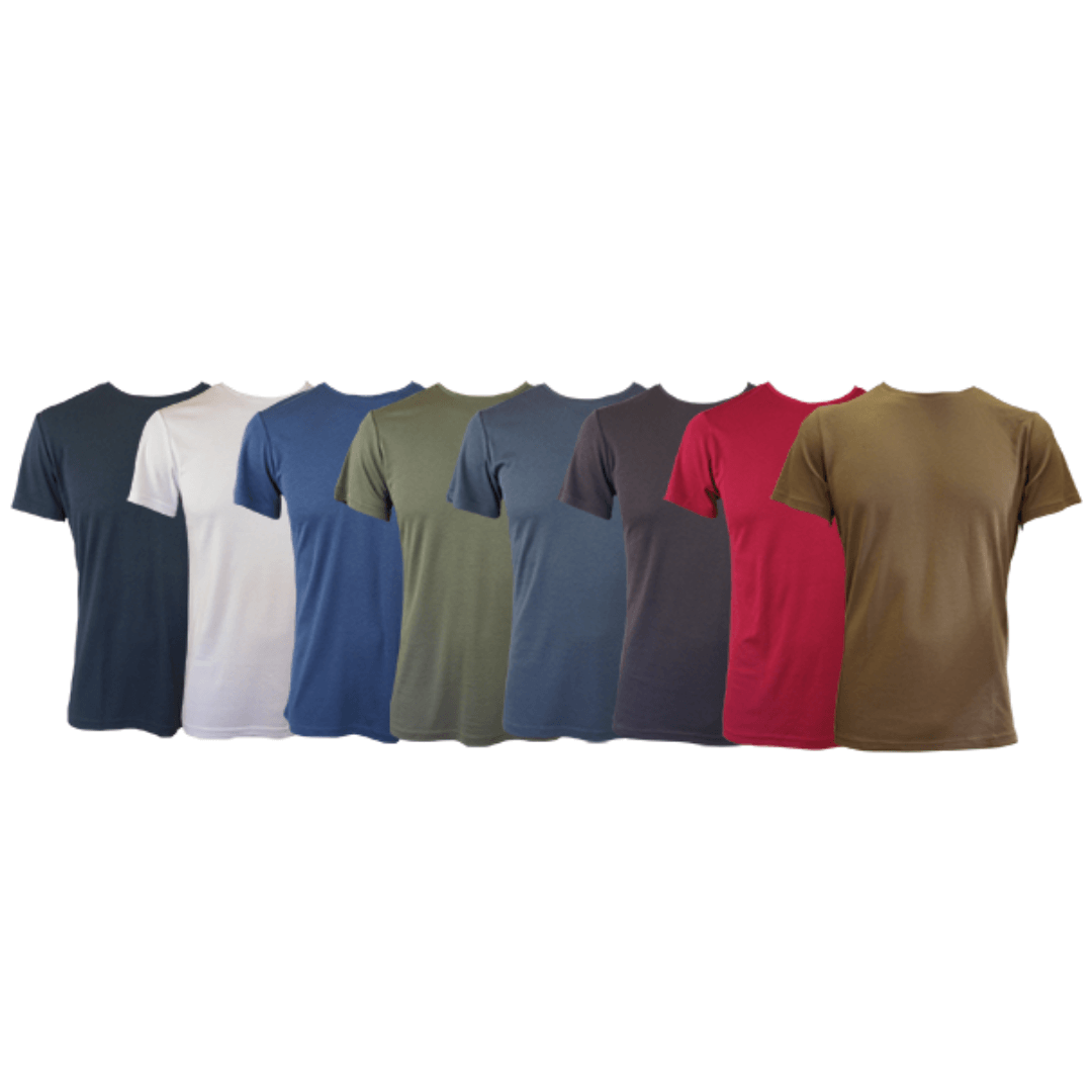 Stewarts menswear Bamboo Textiles Men's Bamboo Tee Shirt. Photo shows Bamboo T-shirts in all available colours: Black, White, Navy, Olive, Slate, Burnt Red, Tan