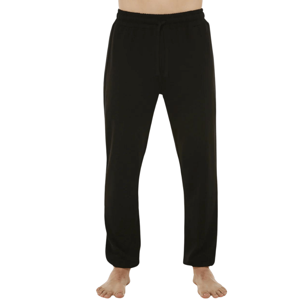 Stewarts Menswear Bamboozled bamboo jersey sleep pants. Made from a sustainable Bamboo blend, they are luxuriously soft and breathable and will have you feeling relaxed in no time at all. Elasticised waist with front tie. Photo shows model wearing black sleep pants (front view).