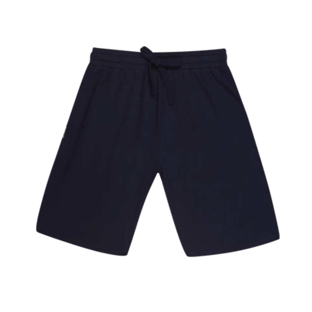 Stewarts Menswear Bamboozled bamboo jersey sleep shorts.  Made from a sustainable Bamboo blend, they are luxuriously soft and breathable and will have you feeling relaxed in no time at all. Elasticised waist with front tie. Photo show front view of navy bamboo jersey sleep shorts.