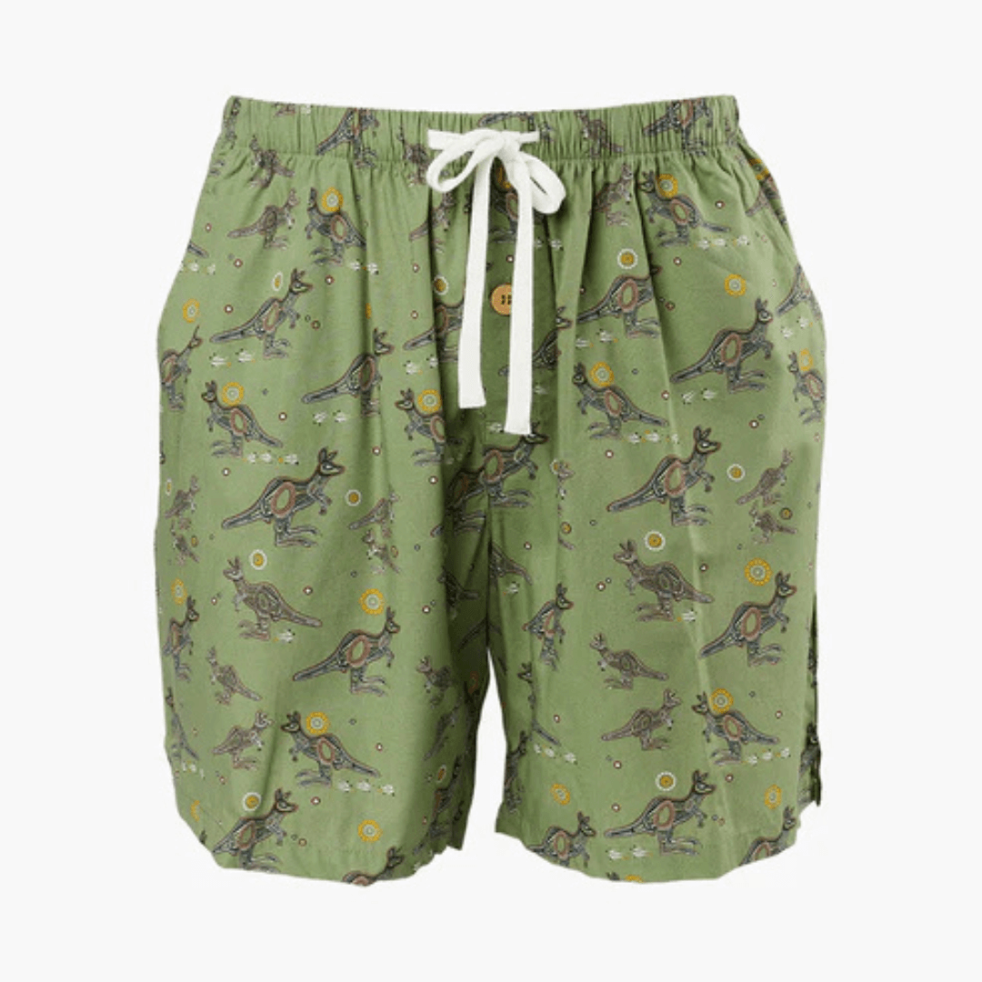 Stewart's menswear, Mullumbimby. Bamboozld Bamboo Sleep Short. Colour is khaki with all over indigenous kangaroo print. Photo shows flat lay of sleep shorts, front view.