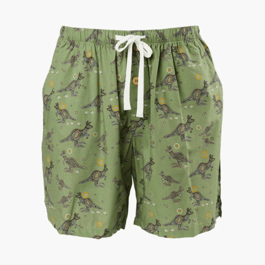 Stewart's menswear, Mullumbimby. Bamboozld Bamboo Sleep Short. Colour is khaki with all over indigenous kangaroo print. Photo shows flat lay of sleep shorts, front view.