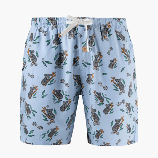Stewart's Menswear, Mullumbimby. Bamboozled Bamboo Sleep shorts. Photo shows front view of Bamboozld Bamboo Sleep Shorts. Colour is sky blue with all over indigenous Koala print.