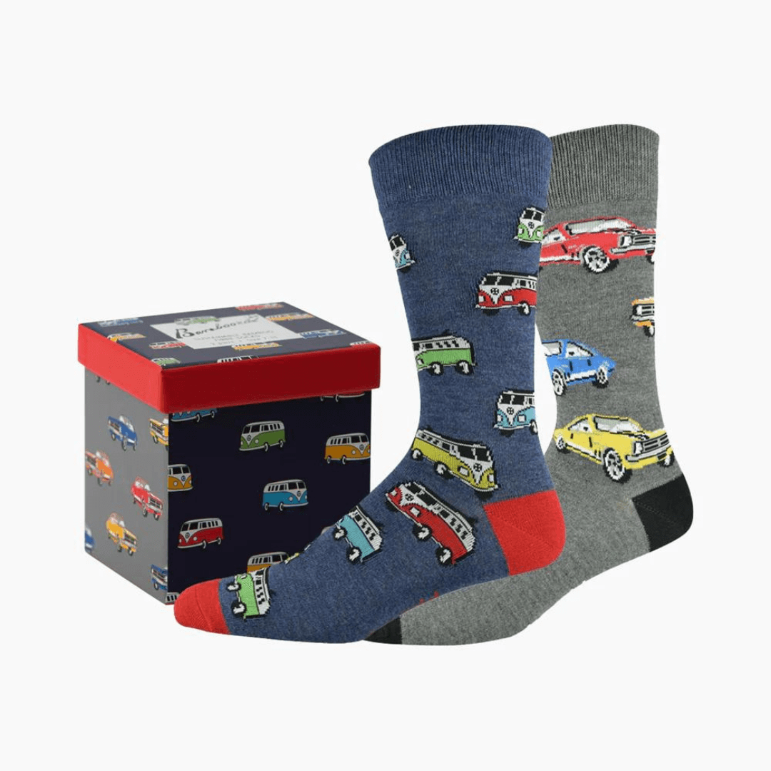 Stewarts Menswear Bamboozled socks 2 pack gift box. This Gift Box is the perfect gift, featuring two pairs of novelty crew socks packaged in a matching Gift Box.  Bamboozld Gift Boxes have a vibrant collection of quirky bamboo-blend socks which pack a playful punch. Theme is Rev Head. One x denim blue socks, one by grey socks.