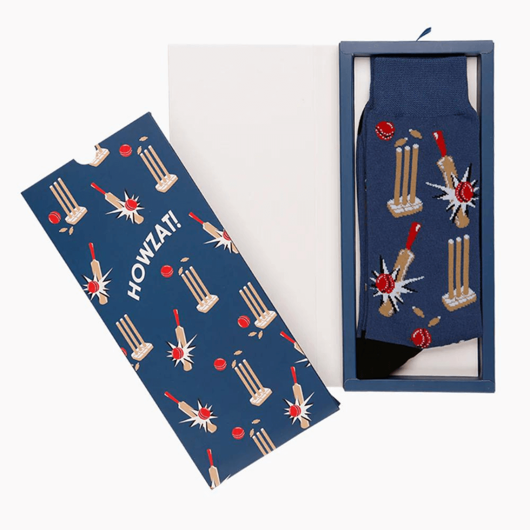 Stewarts Menswear Bamboozld Socks. Sock gift card. Not only do you get a quality pair of Bamboo blend socks the recipient will love, but it comes packed in a matching Gift Card. Cricket themed socks featuring bat, ball and wickets all over packed in matching "Howzat!" gift card.
