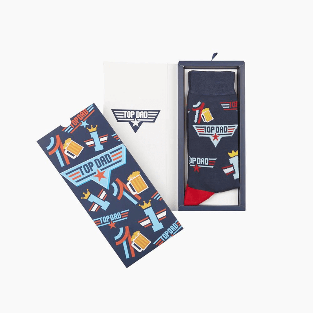 Stewarts Menswear Bamboozld Socks. Sock gift card. Not only do you get a quality pair of Bamboo blend socks the recipient will love, but it comes packed in a matching Gift Card. Top Dad themed socks featuring Top Dad print all over packed in a matching "Top Dad!" gift card. Navy Blue