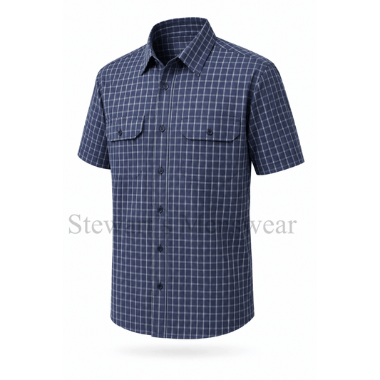 Men's Bisley Short Sleeve Casual Shirt in navy check with double chest pockets, available at Stewart's Menswear Mullumbimby.