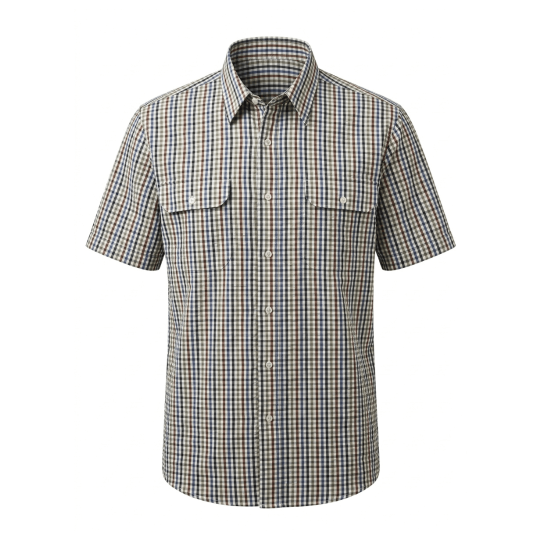Bisley Short Sleeve Seersucker Shirt in check (Blue brown and olive tones), breathable poly-cotton men's shirt with double chest pockets available at Stewart's Menswear Mullumbimby.