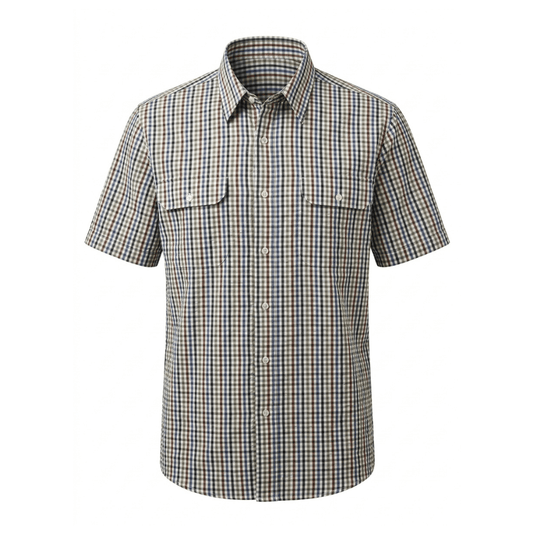 Bisley Short Sleeve Seersucker Shirt in check (Blue brown and olive tones), breathable poly-cotton men's shirt with double chest pockets available at Stewart's Menswear Mullumbimby.