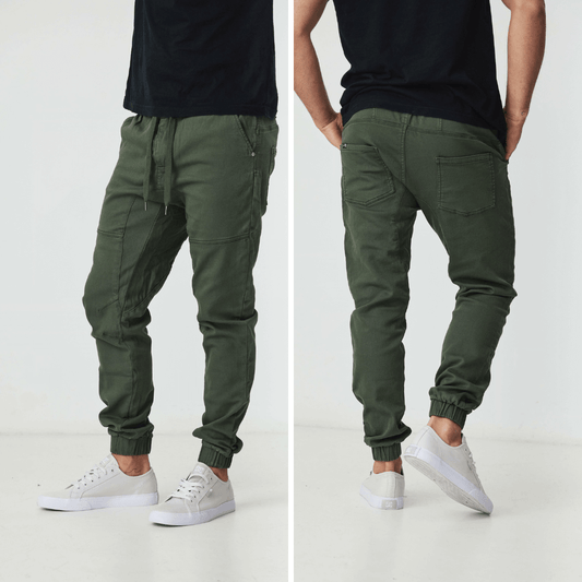 Front and back views of model wearing James Jogger Pants in Military coloured cotton stretch fabric available at Stewart’s Menswear Mullumbimby.