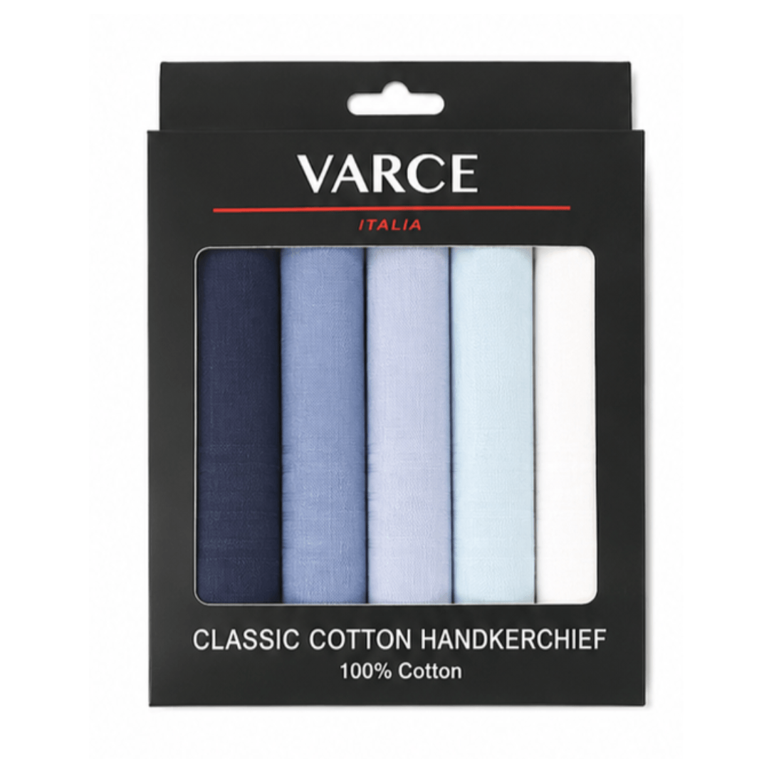 Varce 6 Pack Classic Cotton Handkerchiefs, gift boxed set of six 40cm hankies in blue available at Stewart's Menswear Mullumbimby.