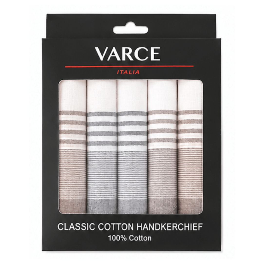 Varce 6 Pack Classic Cotton Handkerchiefs, gift boxed set of six 40cm hankies pattern 1 available at Stewart's Menswear Mullumbimby.