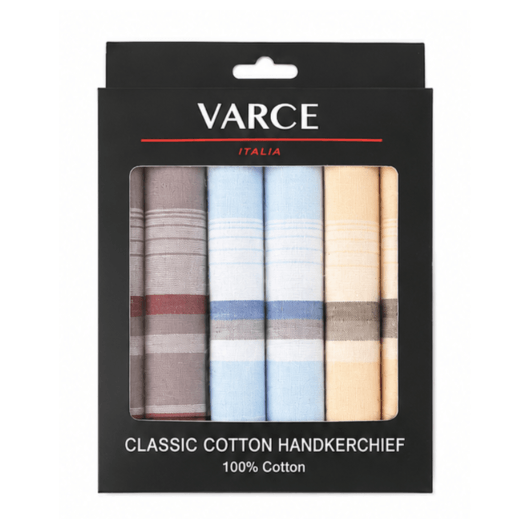 Varce 6 Pack Classic Cotton Handkerchiefs, gift boxed set of six 40cm hankies pattern  2 available at Stewart's Menswear Mullumbimby.