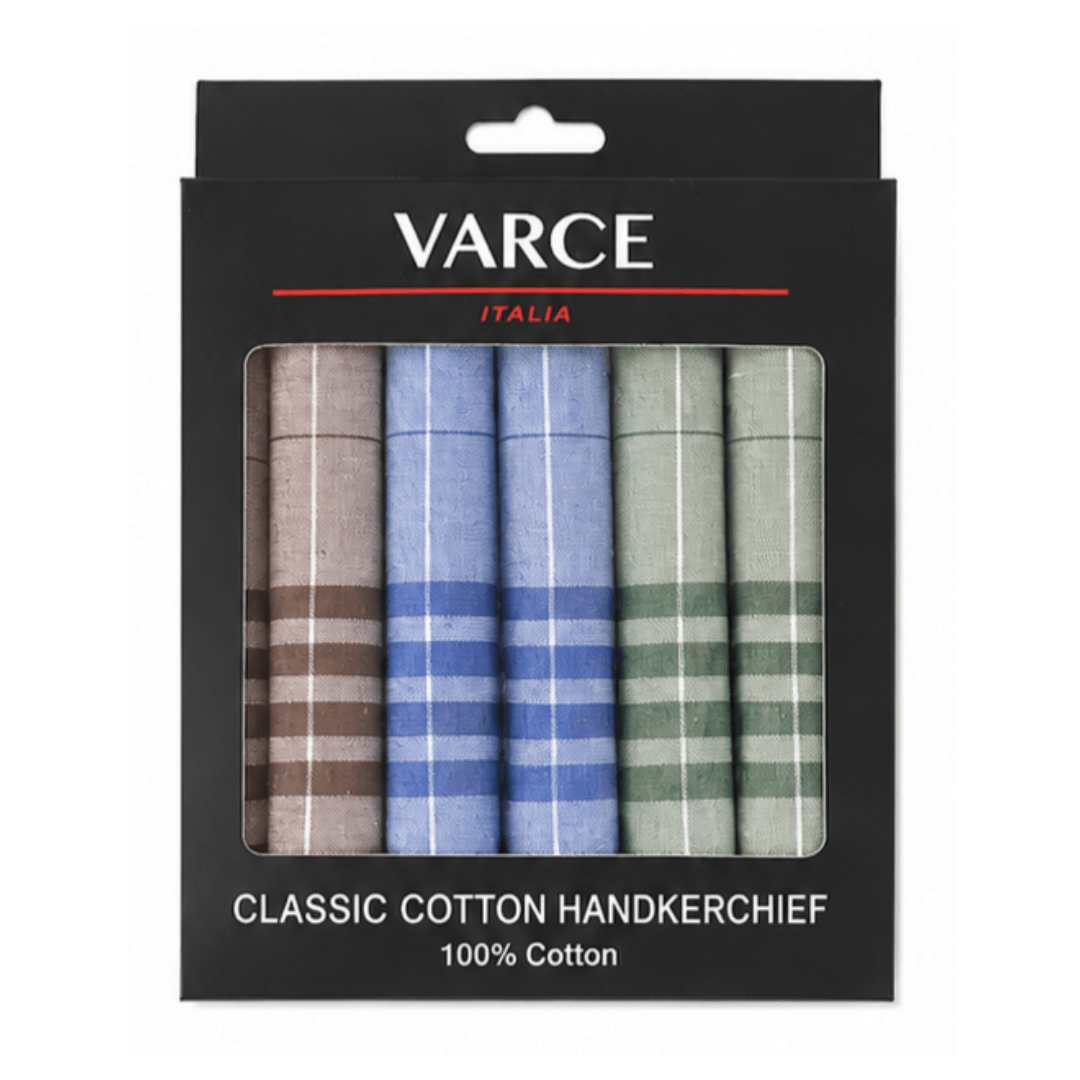 Varce 6 Pack Classic Cotton Handkerchiefs, gift boxed set of six 40cm hankies pattern 3 available at Stewart's Menswear Mullumbimby.