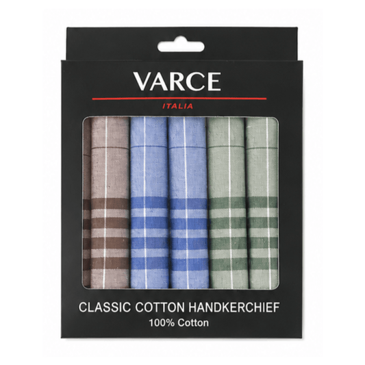 Varce 6 Pack Classic Cotton Handkerchiefs, gift boxed set of six 40cm hankies pattern 3 available at Stewart's Menswear Mullumbimby.