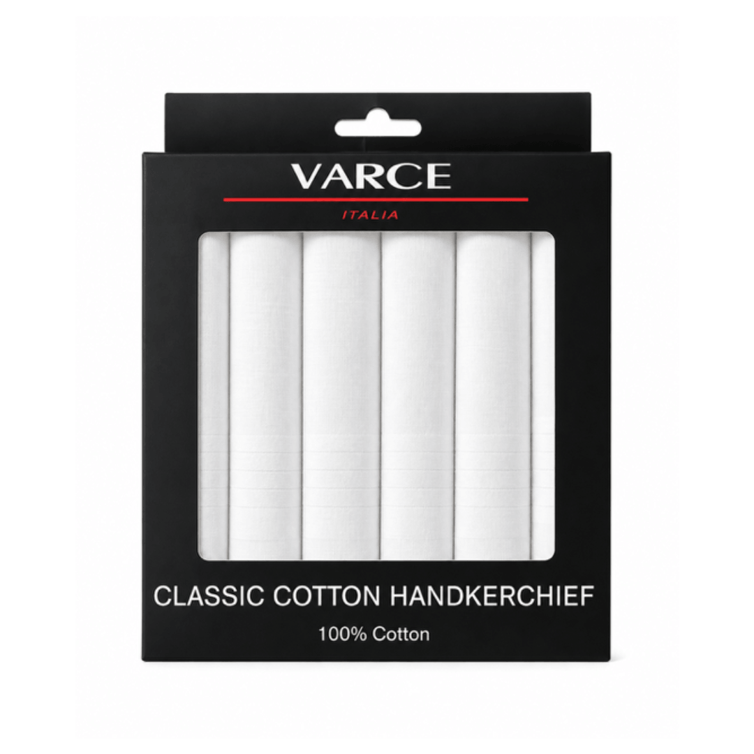 Varce 6 Pack Classic Cotton Handkerchiefs, gift boxed set of six 40cm hankies in white available at Stewart's Menswear Mullumbimby.
