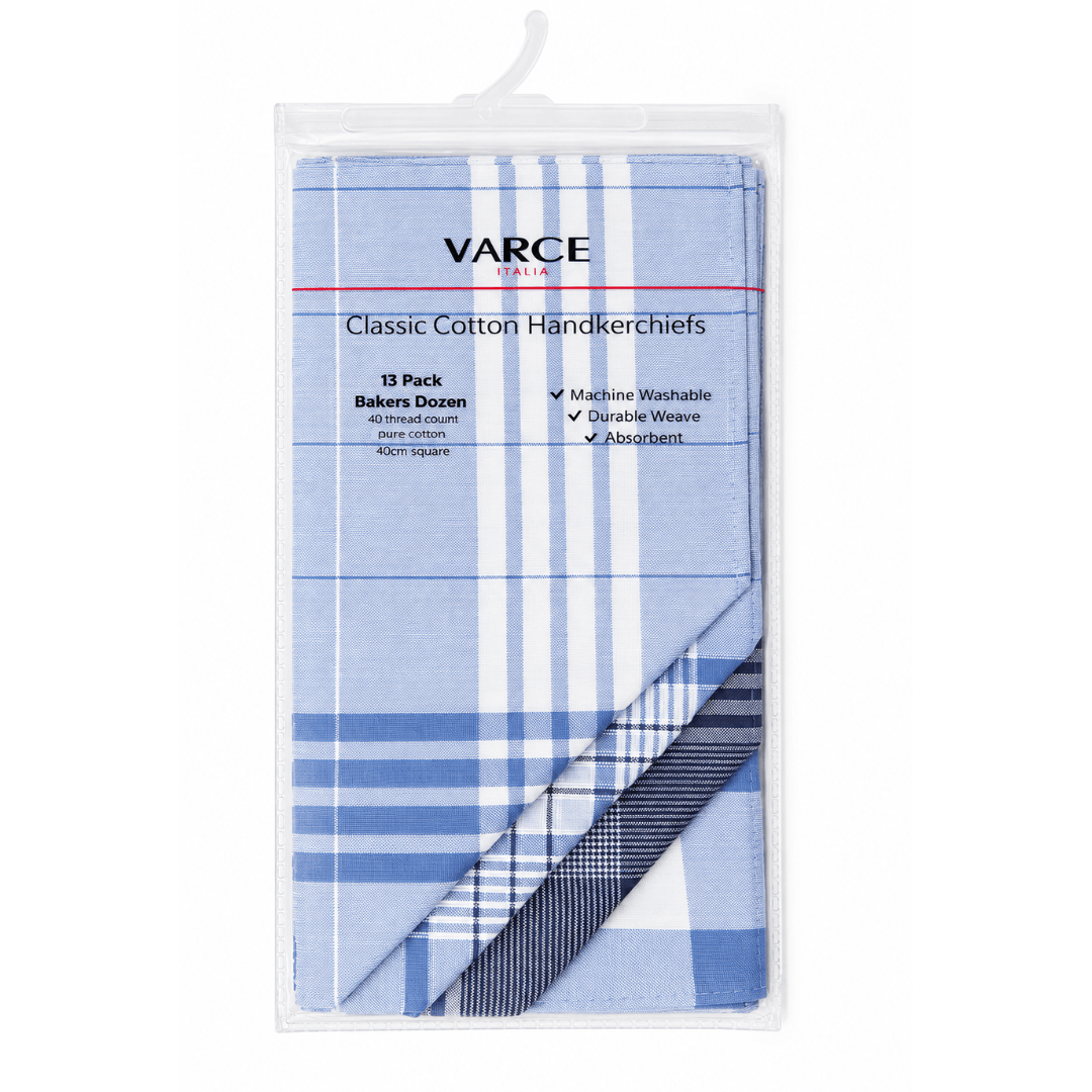 Varce 13 Pack Classic Cotton Handkerchiefs, packaged set of 13 40cm hankies in assorted patterns available at Stewart's Menswear Mullumbimby.