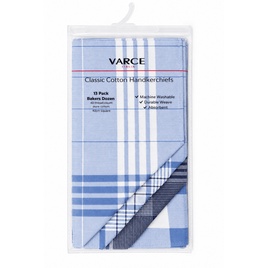 Varce 13 Pack Classic Cotton Handkerchiefs, packaged set of 13 40cm hankies in assorted patterns available at Stewart's Menswear Mullumbimby.