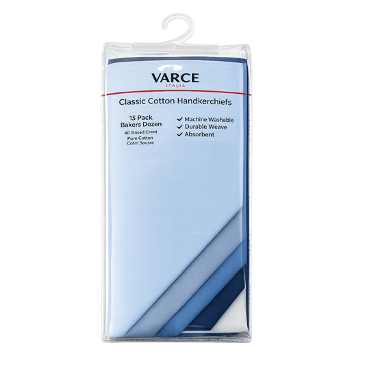Varce 13 Pack Classic Cotton Handkerchiefs, packaged set of 13 40cm hankies in blues available at Stewart's Menswear Mullumbimby.
