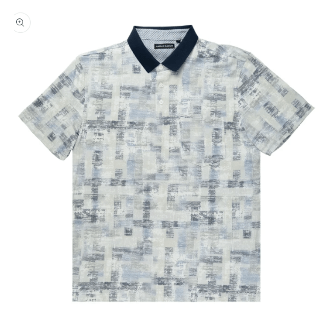 Ambassador Polo by Boulevandre. Grey, blue an white geometric print in soft-touch poly/cotton, available at Stewart's Menswear Mullumbimby.

