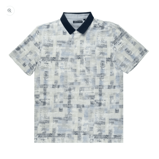 Ambassador Polo by Boulevandre. Grey, blue an white geometric print in soft-touch poly/cotton, available at Stewart's Menswear Mullumbimby.

