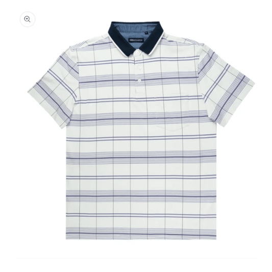Ambassador Polo by Boulevandre. White with Navy sripes and collar in soft-touch poly/cotton, available at Stewart's Menswear Mullumbimby.
