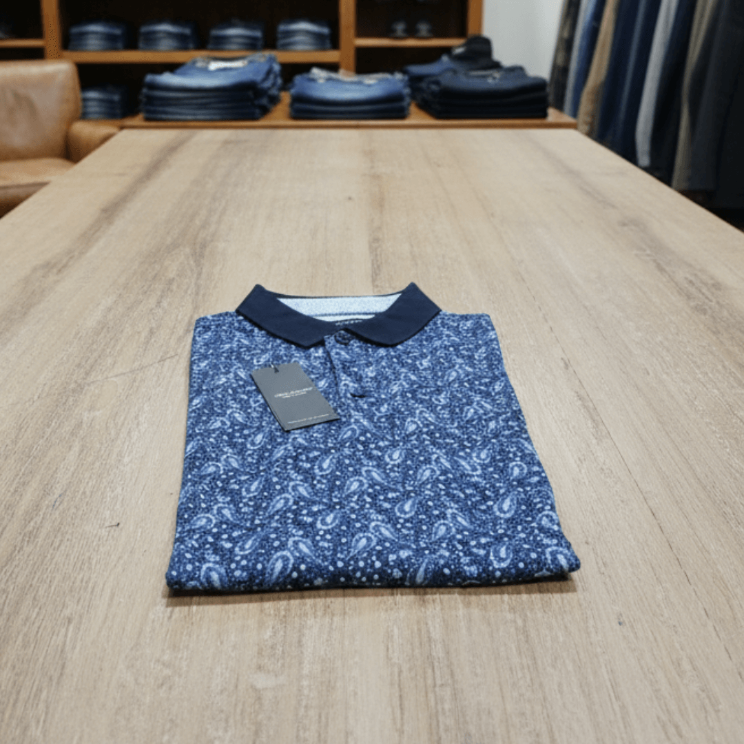 Stewarts Menswear, Mullumbimby. Boulvandre print polo shirt. Navy background and collar with all over white paisley print.