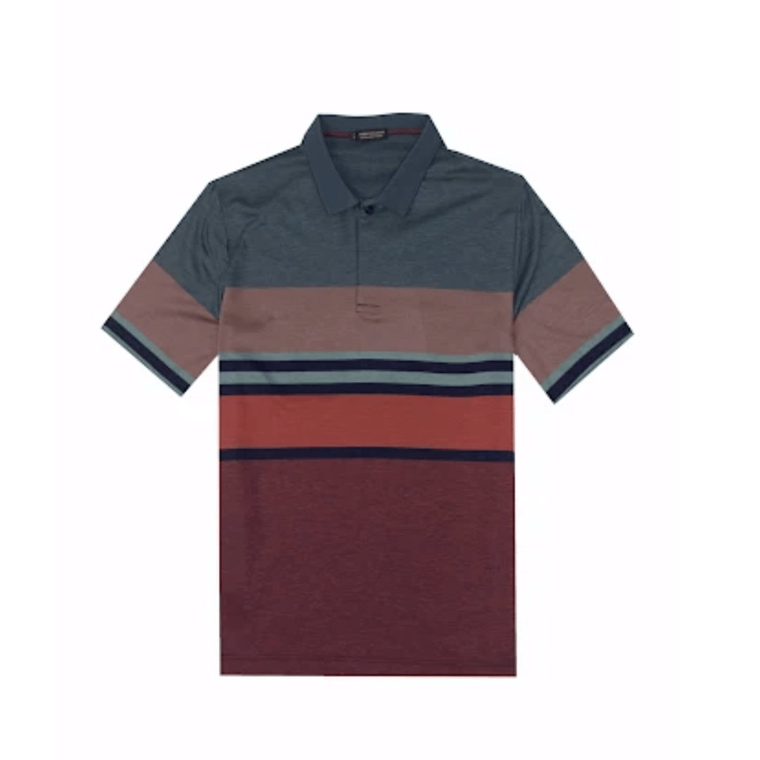 Stewart's Menswear, Mullumbimby. Boulvandre polo shirt - stripe. Product photo of striped polo shirt. Stripes of different widths in orange, maroon, grey and black tones.