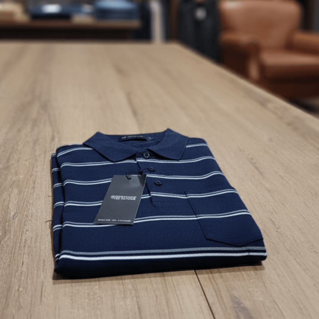 Stewarts Menswear, Mullumbimby. Boulvandre stripe polo shirt. Navy with fine white and khaki stripes.