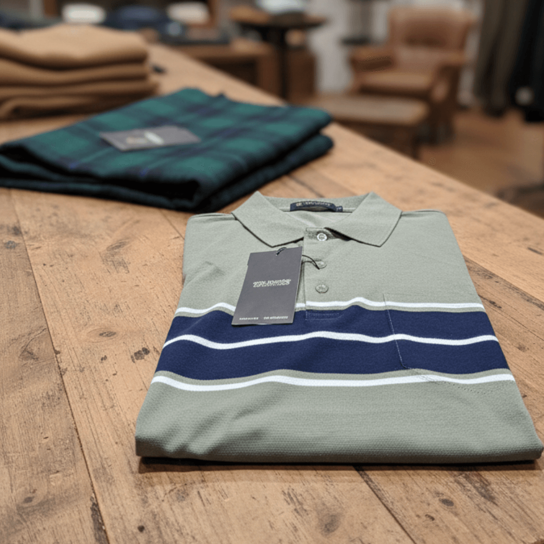 Stewarts Menswear, Mullumbimby. Boulvandre stripe polo shirt. Olive colour with wide navy stripes and narrow white stripes.