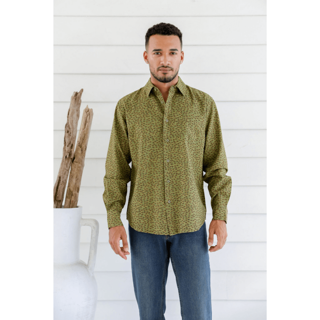 Men's hemp-cotton long sleeve shirt in olive green with a small floral print, available at Stewart's Menswear Mullumbimby.