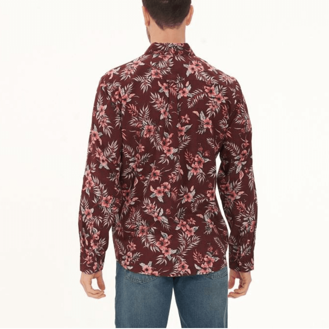 Men's hemp-cotton long sleeve shirt in burgundy with a tropical floral print, available at Stewart's Menswear Mullumbimby.