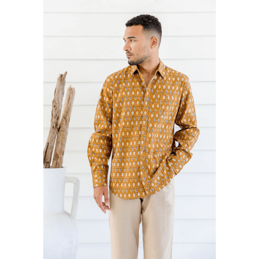 Men's hemp-cotton long sleeve shirt in mustard with a cream and navy print, available at Stewart's Menswear Mullumbimby.