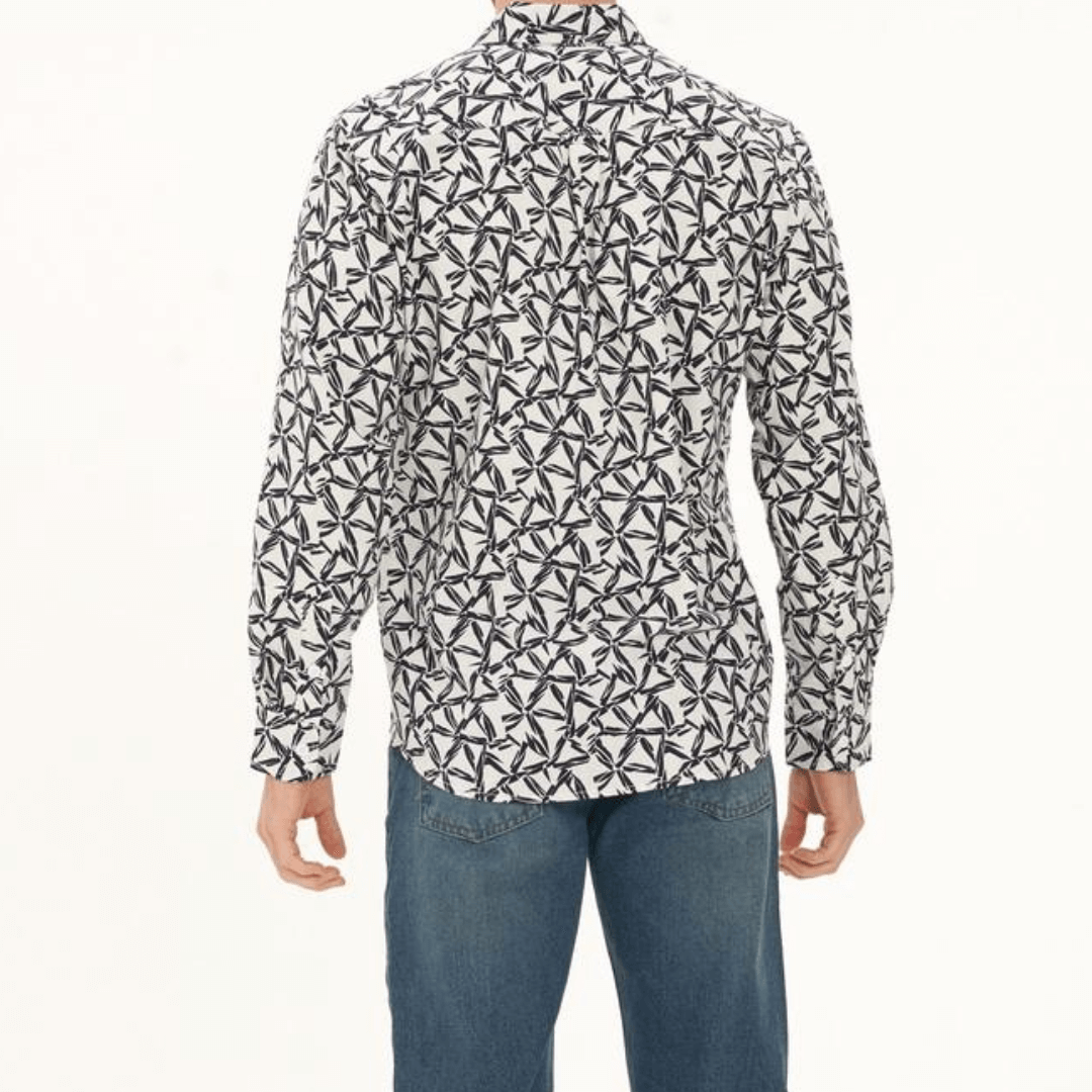 Men's hemp-cotton long sleeve shirt in white with a navy geometric print, available at Stewart's Menswear Mullumbimby.