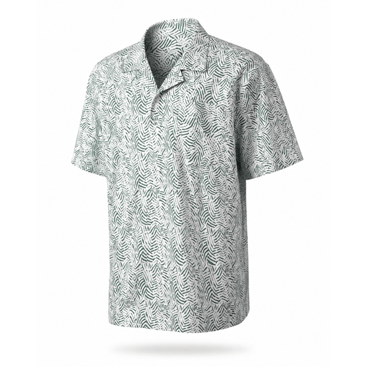 Bridgeport Woven Shirt in white wit abstract olive green coloured leaf print, bamboo cotton blend short sleeve men's shirt available at Stewart's Menswear Mullumbimby.