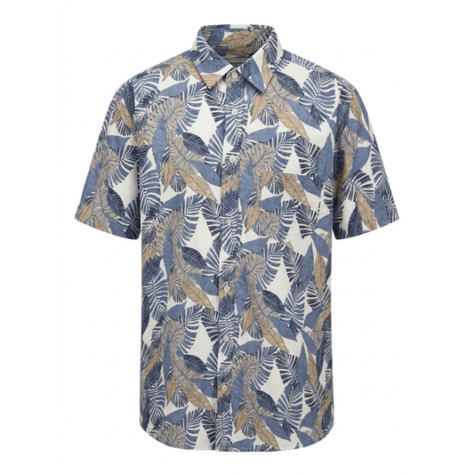 Bridgeport Woven Shirt in smoke blue/tan leaf print, bamboo cotton blend short sleeve men's shirt available at Stewart's Menswear Mullumbimby.