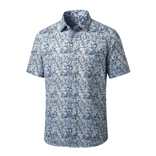 Bridgeport Woven Shirt in blue leaf print, classic fit short sleeve men's shirt available at Stewart's Menswear Mullumbimby.