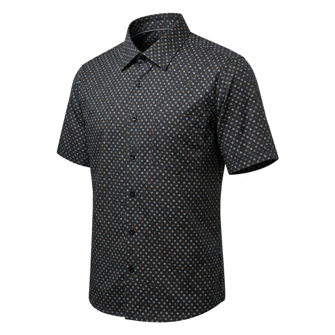 Bridgeport Woven Shirt in carbon with spot print, classic fit short sleeve men's shirt available at Stewart's Menswear Mullumbimby.