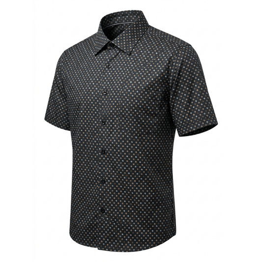 Bridgeport Woven Shirt in carbon with spot print, classic fit short sleeve men's shirt available at Stewart's Menswear Mullumbimby.