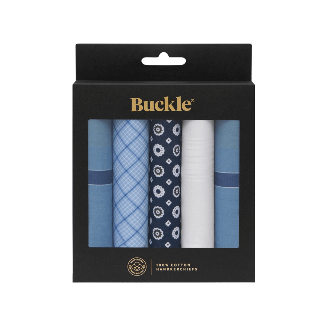 Handmade Sustainable Cotton Handkerchiefs available at Stewart’s Menswear Mullumbimby. Set of 5 soft, eco-friendly men’s cotton handkerchiefs. Gift boxed, ready for gifting. Assorted blue tones.