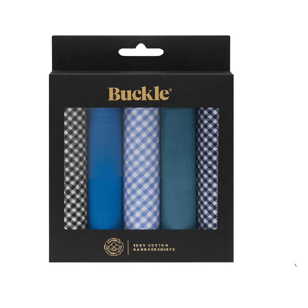 Handmade Sustainable Cotton Handkerchiefs available at Stewart’s Menswear Mullumbimby. Set of 5 soft, eco-friendly men’s cotton handkerchiefs. Gift boxed, ready for gifting. Assorted blue tones (gingham design).