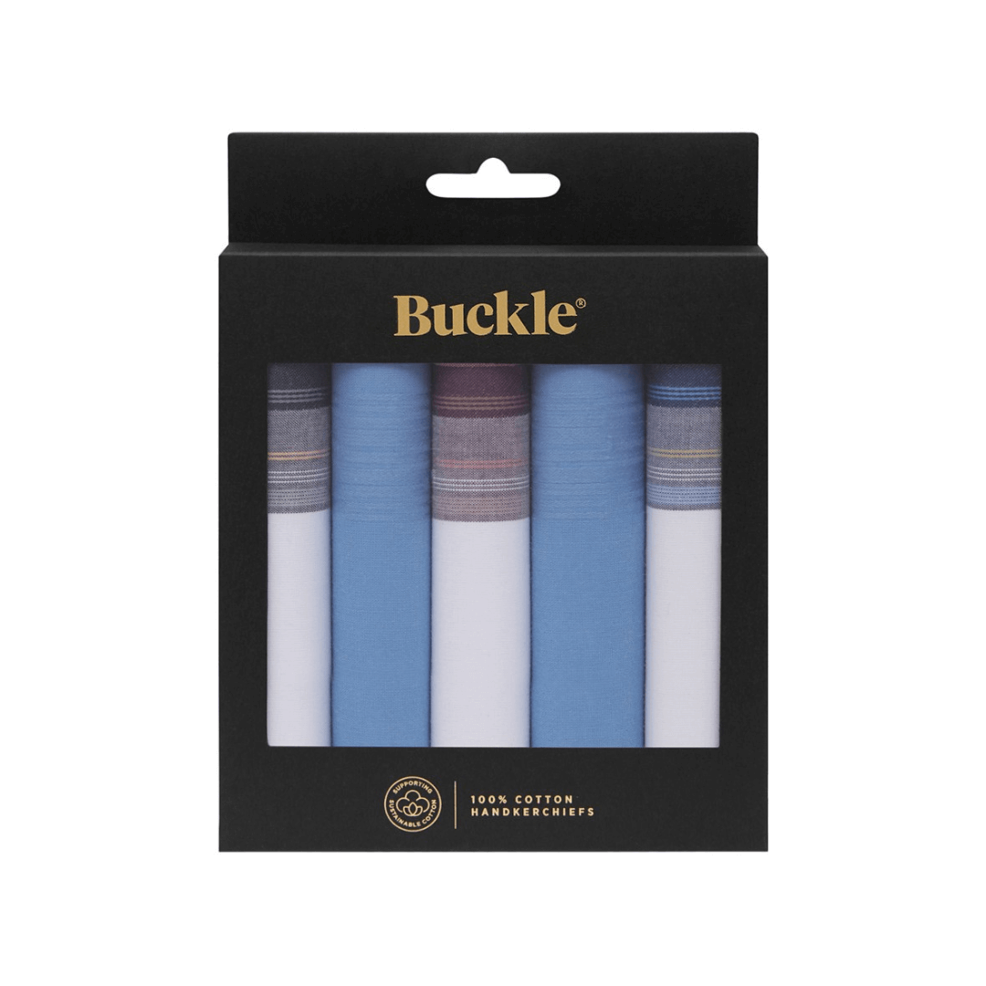 Handmade Sustainable Cotton Handkerchiefs available at Stewart’s Menswear Mullumbimby. Set of 5 soft, eco-friendly men’s cotton handkerchiefs. Gift boxed, ready for gifting. Assorted blue and white tones - traditional design.