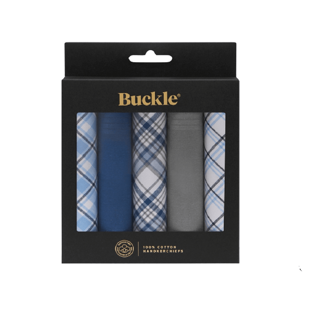 Handmade Sustainable Cotton Handkerchiefs available at Stewart’s Menswear Mullumbimby. Set of 5 soft, eco-friendly men’s cotton handkerchiefs. Gift boxed, ready for gifting. Assorted Blue tones, check design.