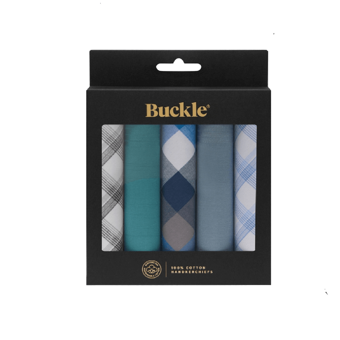 Handmade Sustainable Cotton Handkerchiefs available at Stewart’s Menswear Mullumbimby. Set of 5 soft, eco-friendly men’s cotton handkerchiefs. Gift boxed, ready for gifting. Assorted blue tones, check design.