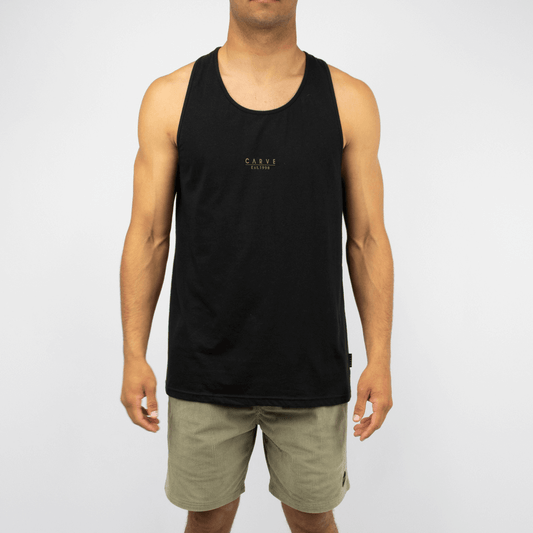 Carve EST.1998 Singlet available at Stewart’s Menswear Mullumbimby. Regular-fit black men’s cotton singlet with small chest print and includes 20% recycled yarn.